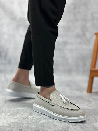 ET0005 Bağcıksız Yüksek Taban Klasik Yeni Keten Gri Püsküllü Erkek Ayakkabı