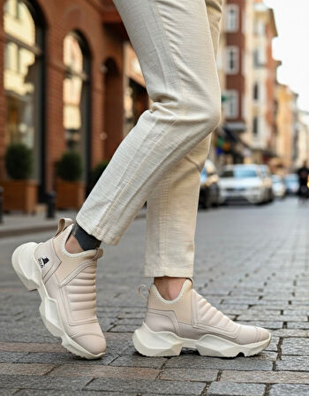 ET0401 Bağcıksız Rahat Yüksek Taban Krem Erkek Spor Yarım Bilek Bot