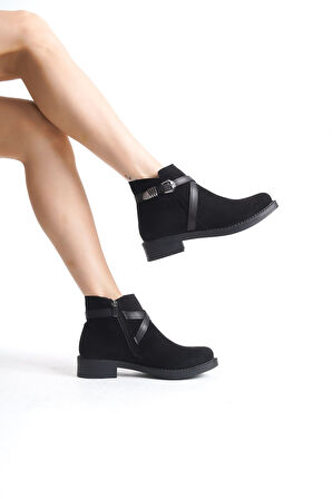 JET-ALMILA Fermuarlı Lastikli Ortopedik Taban Topuklu Süet Kadın Bot SST - Siyah