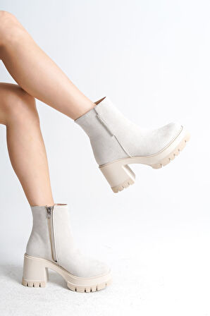 JET-LISSE Fermuarlı Ortopedik Taban Kalın Topuklu Süet Kadın Bot  SKT-  Krem