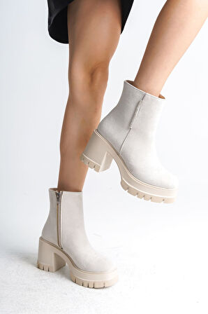 JET-LISSE Fermuarlı Ortopedik Taban Kalın Topuklu Süet Kadın Bot  SKT-  Krem