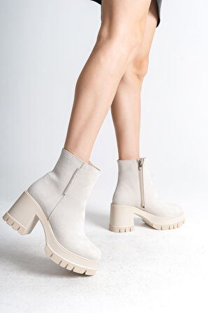 JET-LISSE Fermuarlı Ortopedik Taban Kalın Topuklu Süet Kadın Bot  SKT-  Krem