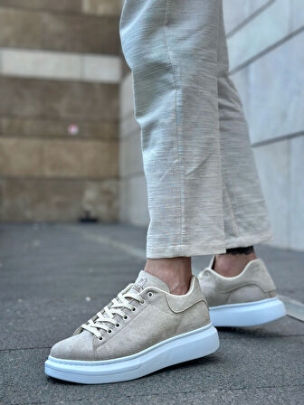 ET0547 Kalın Yüksek Taban Krem Süet Bağcıklı Spor Erkek Ayakkabı