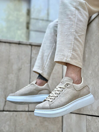 ET0547 Kalın Yüksek Taban Krem Süet Bağcıklı Spor Erkek Ayakkabı