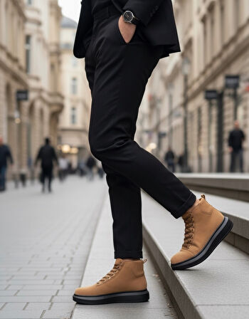 ET0713 Bağcıklı Yüksek Taba Süet Siyah Taban Erkek Tarz Spor Bot