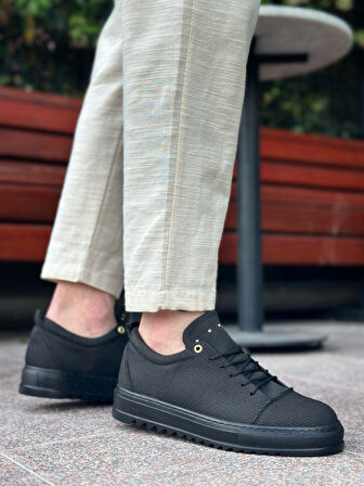 ET0152 Bağcıklı Yüksek Taban Siyah Keten Siyah Taban Erkek Ayakkabı