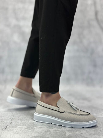 ET0005 Bağcıksız Yüksek Taban Klasik Keten Beyaz Püsküllü Erkek Ayakkabı