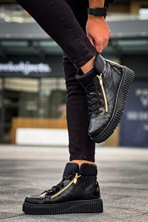 ET-S-512 Kalın Yüksek Siyah Taban Çift Fermuarlı Siyah Erkek Spor Bot