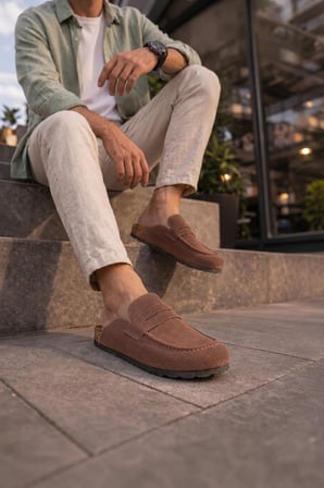 JET-0456 Rayn Bağcıksız Hakiki Süet Deri Erkek Mantar Taban Loafer Ayakkabı HDMT - Kahve