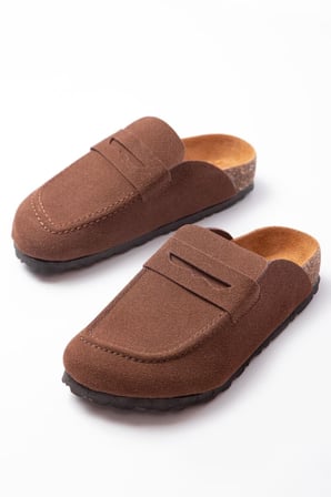 JET-0456 Rayn Bağcıksız Hakiki Süet Deri Erkek Mantar Taban Loafer Ayakkabı HDMT - Kahve