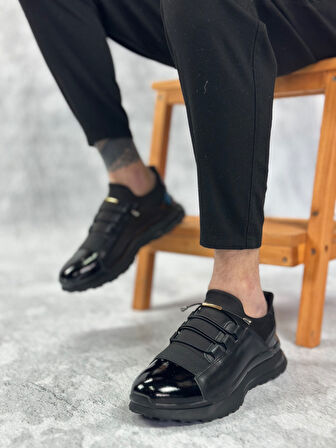 ET0234 İçi Dışı Hakiki Deri Rahat Taban Siyah Bant Detaylı Sneakers Casual Erkek Ayakkabı