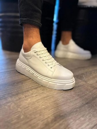 JET-144 Volt Bağcıklı Cilt Erkek Günlük Sneaker Yüksek Taban Ayakkabı CBT Beyaz