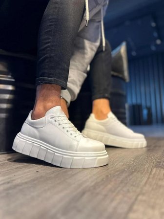 JET-144 Volt Bağcıklı Cilt Erkek Günlük Sneaker Yüksek Taban Ayakkabı CBT Beyaz
