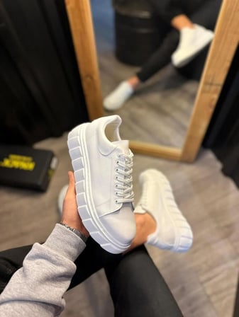 JET-144 Volt Bağcıklı Cilt Erkek Günlük Sneaker Yüksek Taban Ayakkabı CBT Beyaz