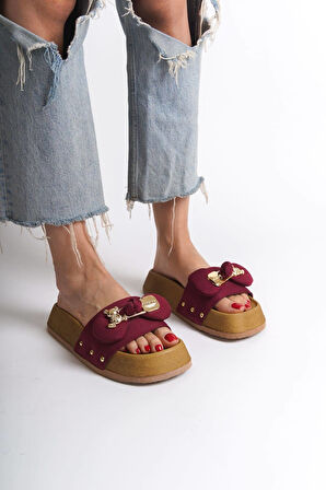 JET-DILA Kalın ve Ortopedik Taban Ayıcıklı Saten Kadın Terlik  SKT - Bordo