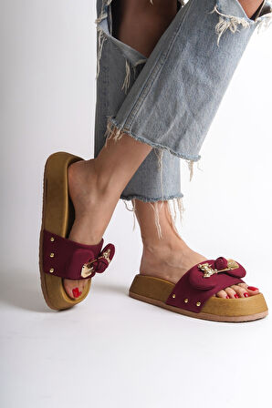 JET-DILA Kalın ve Ortopedik Taban Ayıcıklı Saten Kadın Terlik  SKT - Bordo