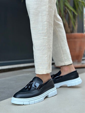 ET0240 Yüksek Taban Klasik Parlak Püsküllü Siyah Erkek Ayakkabı