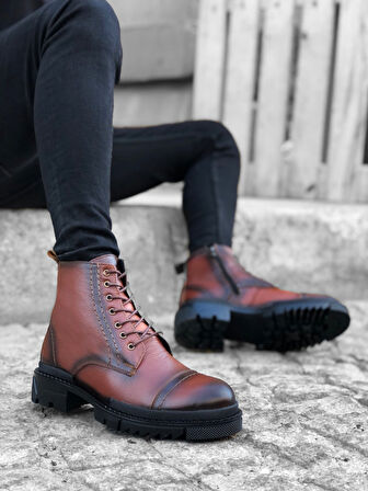 ET0187 İçi Dışı Hakiki Deri Taba Erkek Fermuarlı Yarım Bot