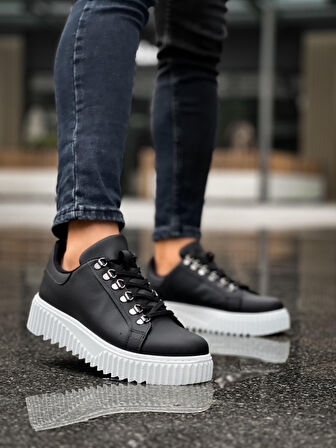 ET0505 Çengel Bağcıklı Siyah Renk Beyaz Tabanlı Günlük Ayakkabı