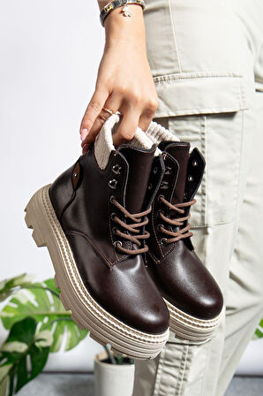 ET-ZNN-Cilt Kahve Bağcıklı Yüksek Taban Kadın Bot