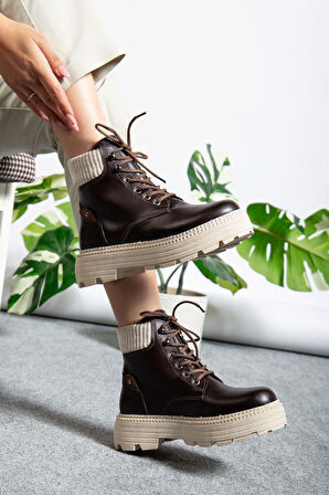 ET-ZNN-Cilt Kahve Bağcıklı Yüksek Taban Kadın Bot