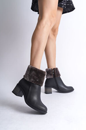 JET-KATYA Fermuarlı Ortopedik Taban Topuklu Kürk DetaylıKadın Bot  CST - Siyah