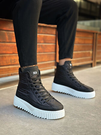 ET0811 Yüksek Beyaz Taban Siyah Paraşüt Kumaş Cilt Detaylı Yarım Bilek Spor Bot