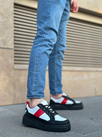 ET0804 Yüksek Siyah Taban Kırmızı Detaylı Bağcıklı Erkek Ayakkabı