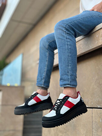 ET0804 Yüksek Siyah Taban Kırmızı Detaylı Bağcıklı Erkek Ayakkabı