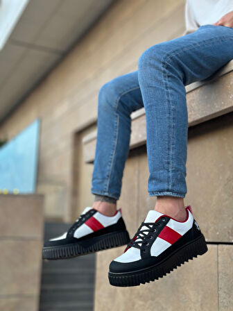 ET0804 Yüksek Siyah Taban Kırmızı Detaylı Bağcıklı Erkek Ayakkabı