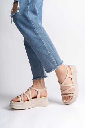 JET-BELLA Lastikli Şerit Detaylı Ortopedik Taban Kadın Sandalet CKT - Krem