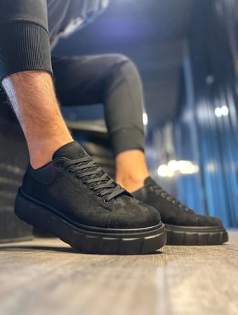 JET-144 Volt Bağcıklı Süet Erkek Günlük Sneaker Yüksek Taban Ayakkabı SST Siyah