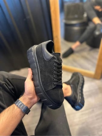 JET-144 Volt Bağcıklı Süet Erkek Günlük Sneaker Yüksek Taban Ayakkabı SST Siyah