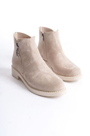 JET-MARGARET Fermuarlı Ortopedik Taban Topuklu Süet Kadın Bot  STT - Ten
