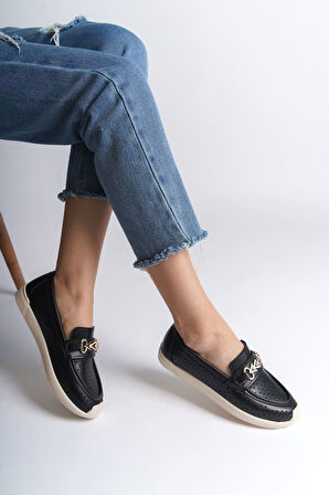 JET-LILY Bağcıksız Ortopedik Rahat Taban Kalp Desenli Kadın Babet Ayakkabı  CKT - Siyah