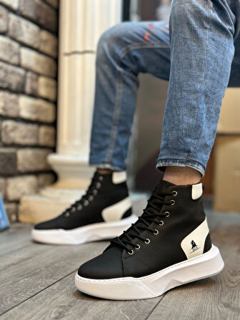 ET0155 Bağcıklı Erkek Yüksek Taban Siyah Beyaz Siyah Taban Spor Bot