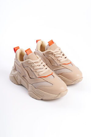 JET-TOKYO Bağcıklı Ortopedik Taban Triko Detaylı Kadın Spor Ayakkabı  TTT - Ten/Turuncu