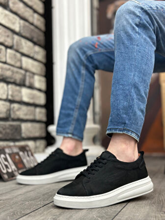 ET0336 İçi Dışı Hakiki Nubuk Deri Siyah Bağcıklı Casual Erkek Ayakkabı