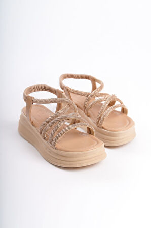 JET-ELENA Lastikli Taşlı Şeritli Ortopedik Taban Kadın Sandalet CTT - Ten