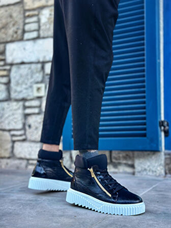 ET-S-512 Kalın Yüksek Taban Çift Fermuarlı Siyah Erkek Spor Bot