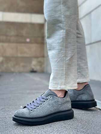 ET0547 Kalın Yüksek Taban Gri Siyah Süet Bağcıklı Spor Erkek Ayakkabı