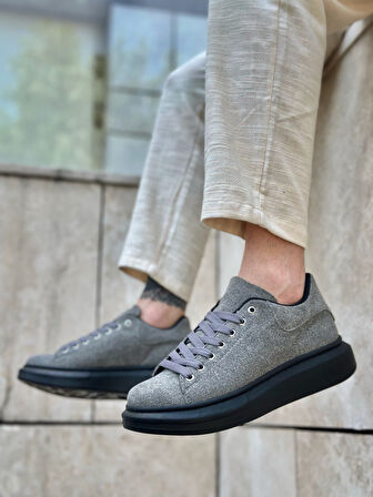 ET0547 Kalın Yüksek Taban Gri Siyah Süet Bağcıklı Spor Erkek Ayakkabı