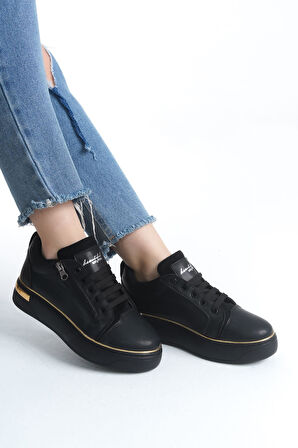JET-DINA Bağcıklı Fermuarlı Ortopedik Taban Kadın Sneaker Spor Ayakkabı  CST - Siyah/Altın