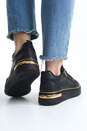 JET-DINA Bağcıklı Fermuarlı Ortopedik Taban Kadın Sneaker Spor Ayakkabı  CST - Siyah/Altın