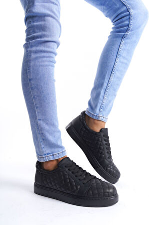 ET166 Prestige Bağcıklı Cilt Kapitone Desenli Erkek Günlük Sneaker Ayakkabı ST - Siyah