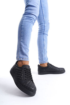 ET166 Prestige Bağcıklı Cilt Kapitone Desenli Erkek Günlük Sneaker Ayakkabı ST - Siyah