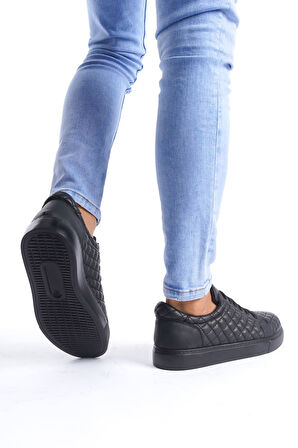 ET166 Prestige Bağcıklı Cilt Kapitone Desenli Erkek Günlük Sneaker Ayakkabı ST - Siyah