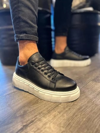 JET-144 Volt Bağcıklı Cilt Erkek Günlük Sneaker Yüksek Taban Ayakkabı CBT Siyah