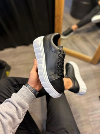 JET-144 Volt Bağcıklı Cilt Erkek Günlük Sneaker Yüksek Taban Ayakkabı CBT Siyah