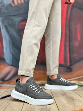 ET0332 Merdiven Desen Bağcıklı Erkek Yüksek Taban Antrasit Cilt Spor Ayakkabı